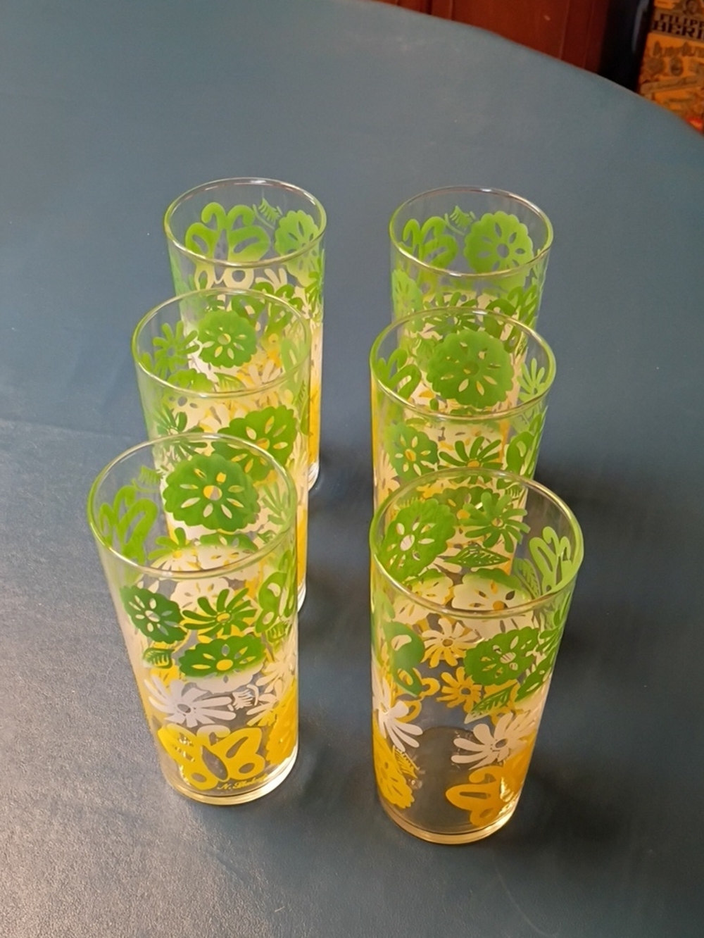 Vintage Federal Glass Butterfly Floral Highball - Green & Yellow (Set of 6)